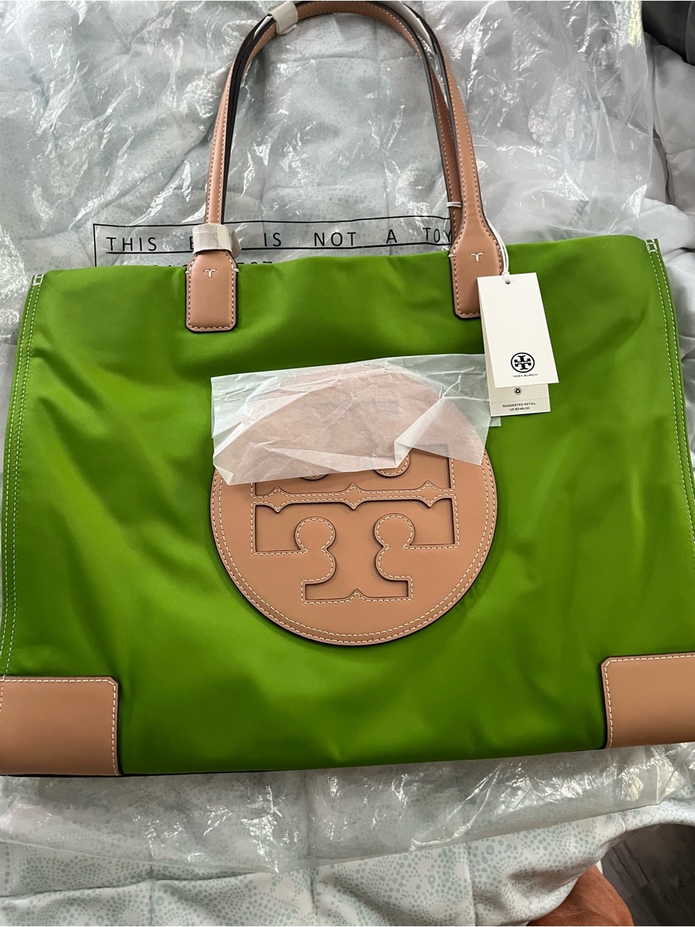 Tory Burch Bright Green Nylon Tote with Tan Leather Trim